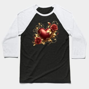 Valentines Day Red Heart, Red Roses, Golden Vines - Dark Baseball T-Shirt